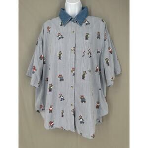 90s Vintage Top Womens XL Teddy Bears Blue Striped Button Heritage Preppy Denim